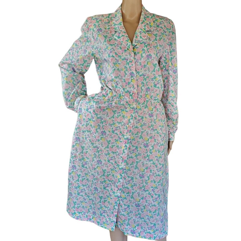 VTG 80s Career Secretary Midi Shirt Dress Women's 12 Floral Cottage Core Modest
